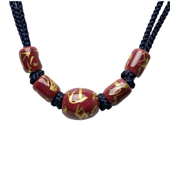 Necklace Ceramic Beads Hand Knotted Purple Gold Accents Braided Double Cord Navy - Picture 3 of 13